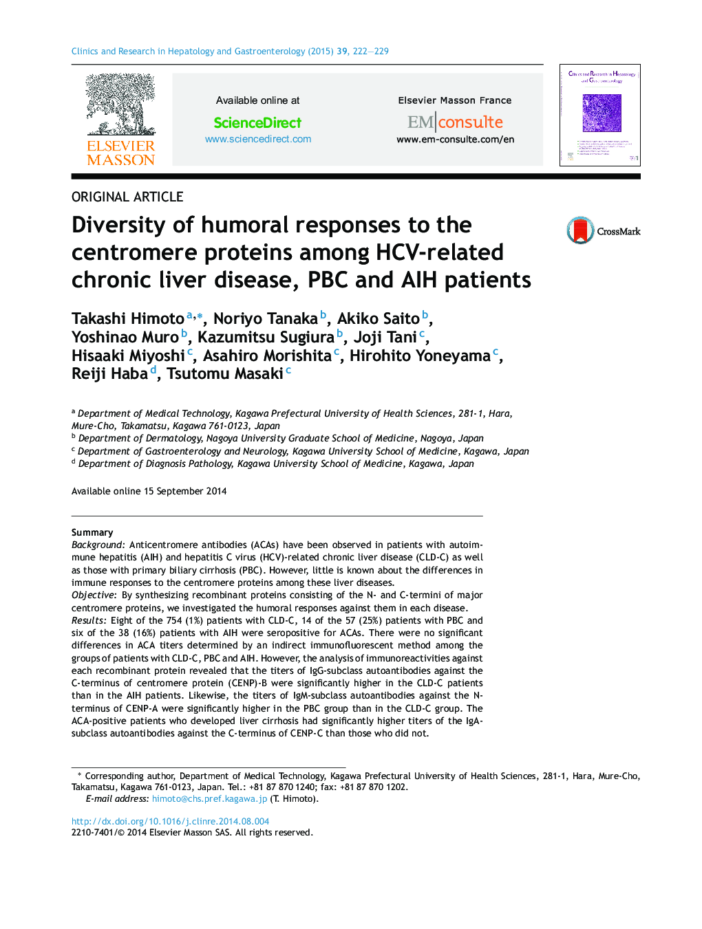 Diversity of humoral responses to the centromere proteins among HCV-related chronic liver disease, PBC and AIH patients