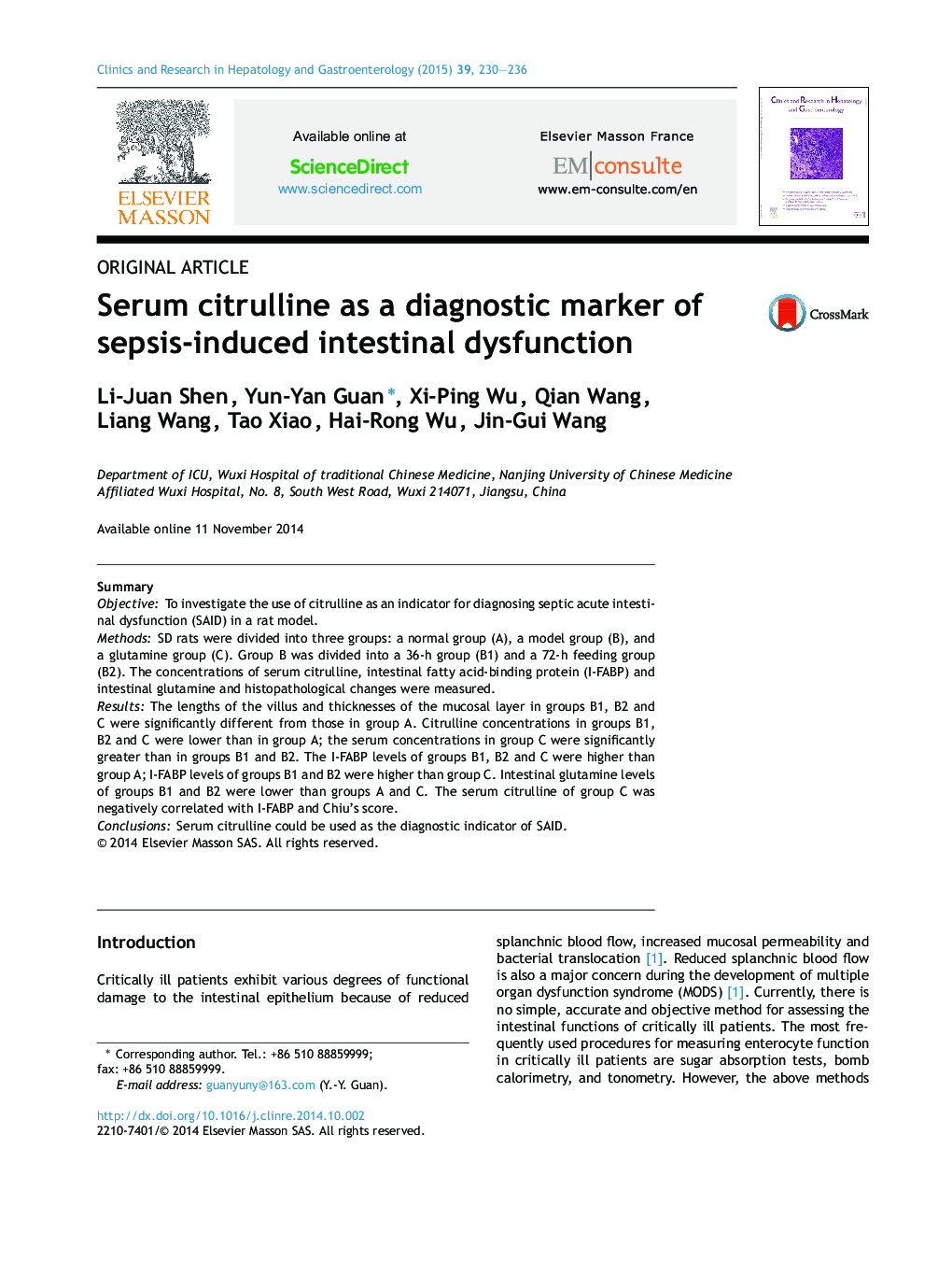 Serum citrulline as a diagnostic marker of sepsis-induced intestinal dysfunction