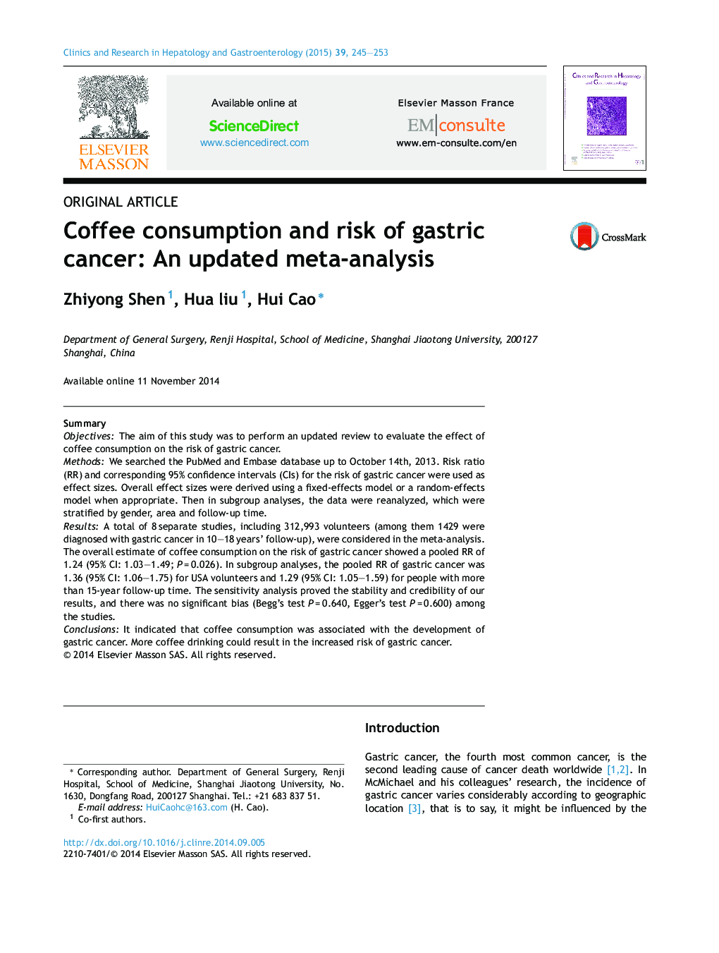 Coffee consumption and risk of gastric cancer: An updated meta-analysis