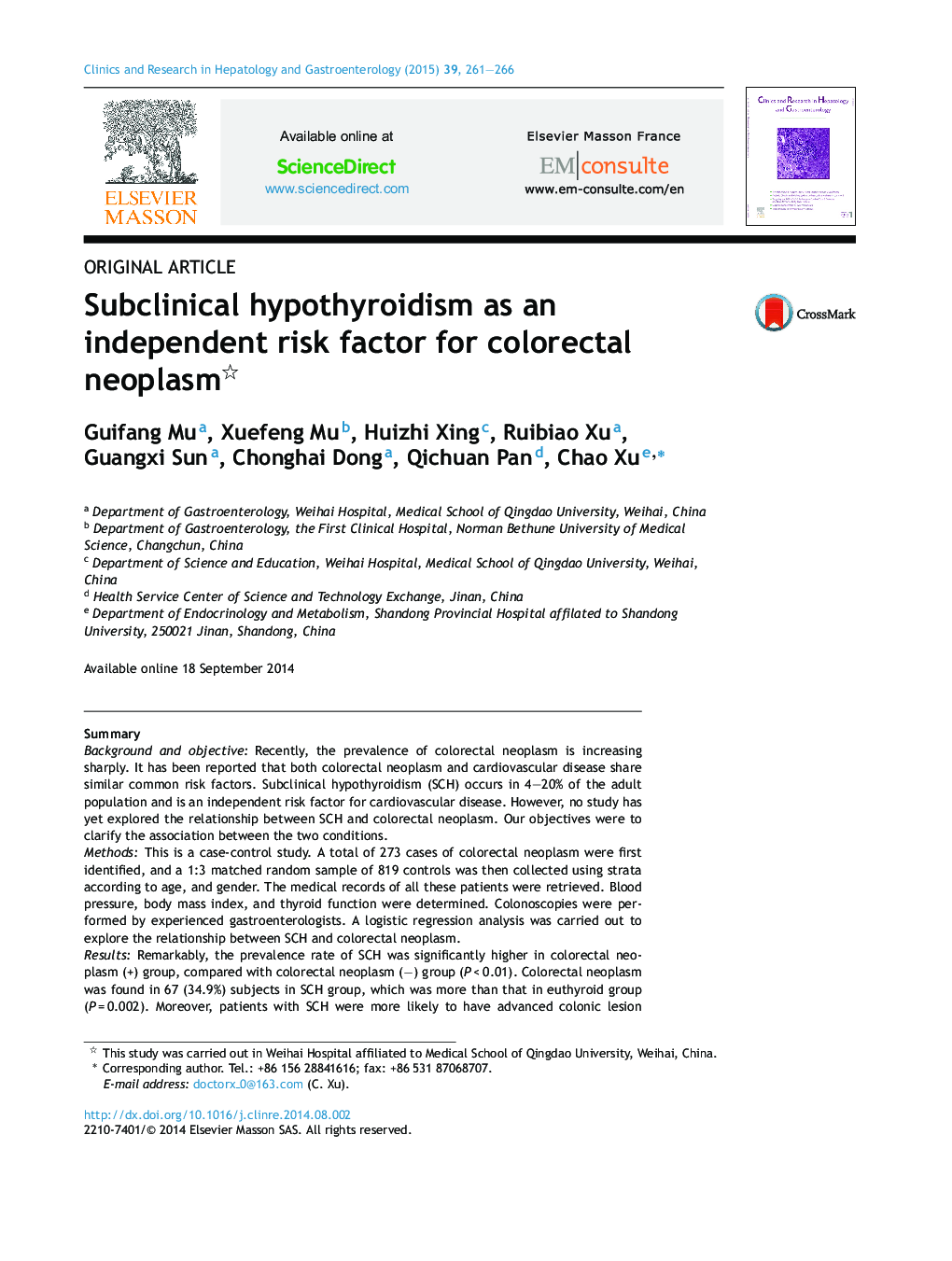 Subclinical hypothyroidism as an independent risk factor for colorectal neoplasm 