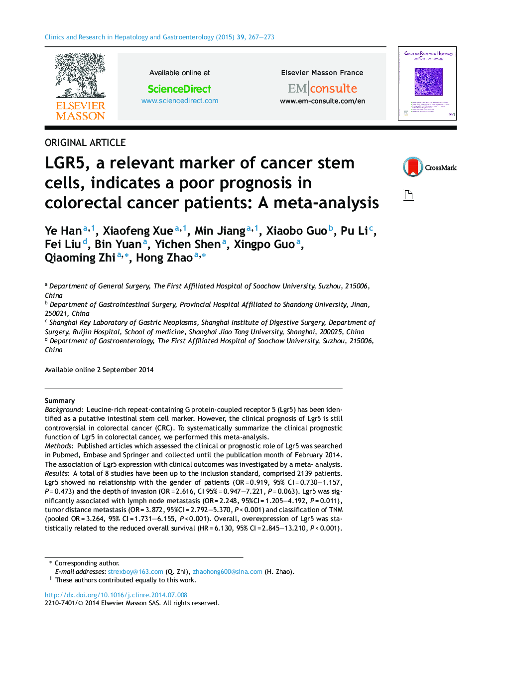 LGR5, a relevant marker of cancer stem cells, indicates a poor prognosis in colorectal cancer patients: A meta-analysis