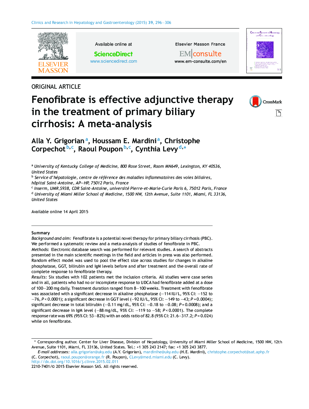 Fenofibrate is effective adjunctive therapy in the treatment of primary biliary cirrhosis: A meta-analysis