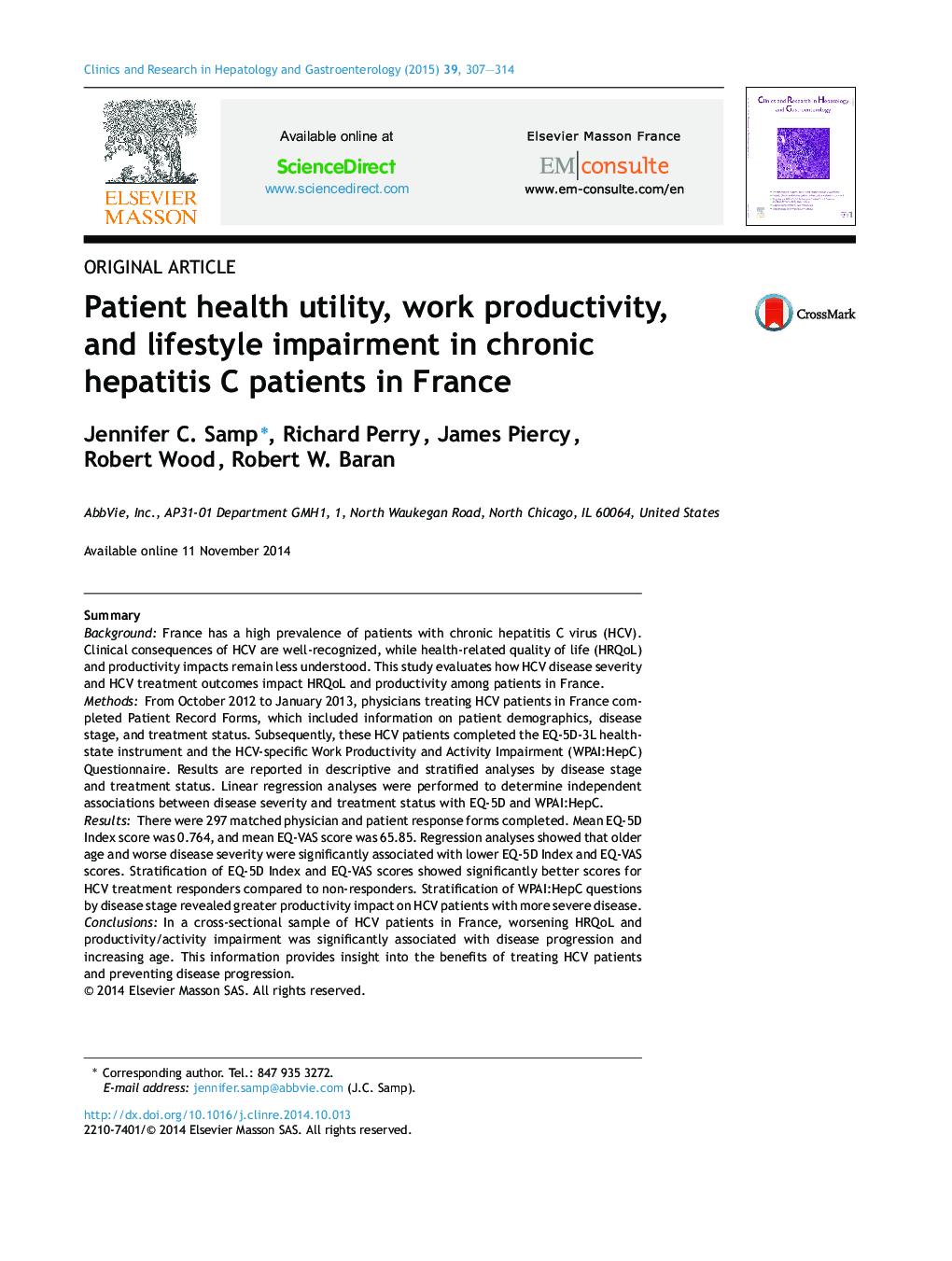 Patient health utility, work productivity, and lifestyle impairment in chronic hepatitis C patients in France