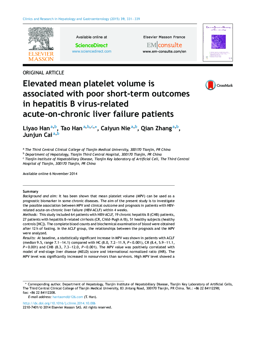 Elevated mean platelet volume is associated with poor short-term outcomes in hepatitis B virus-related acute-on-chronic liver failure patients