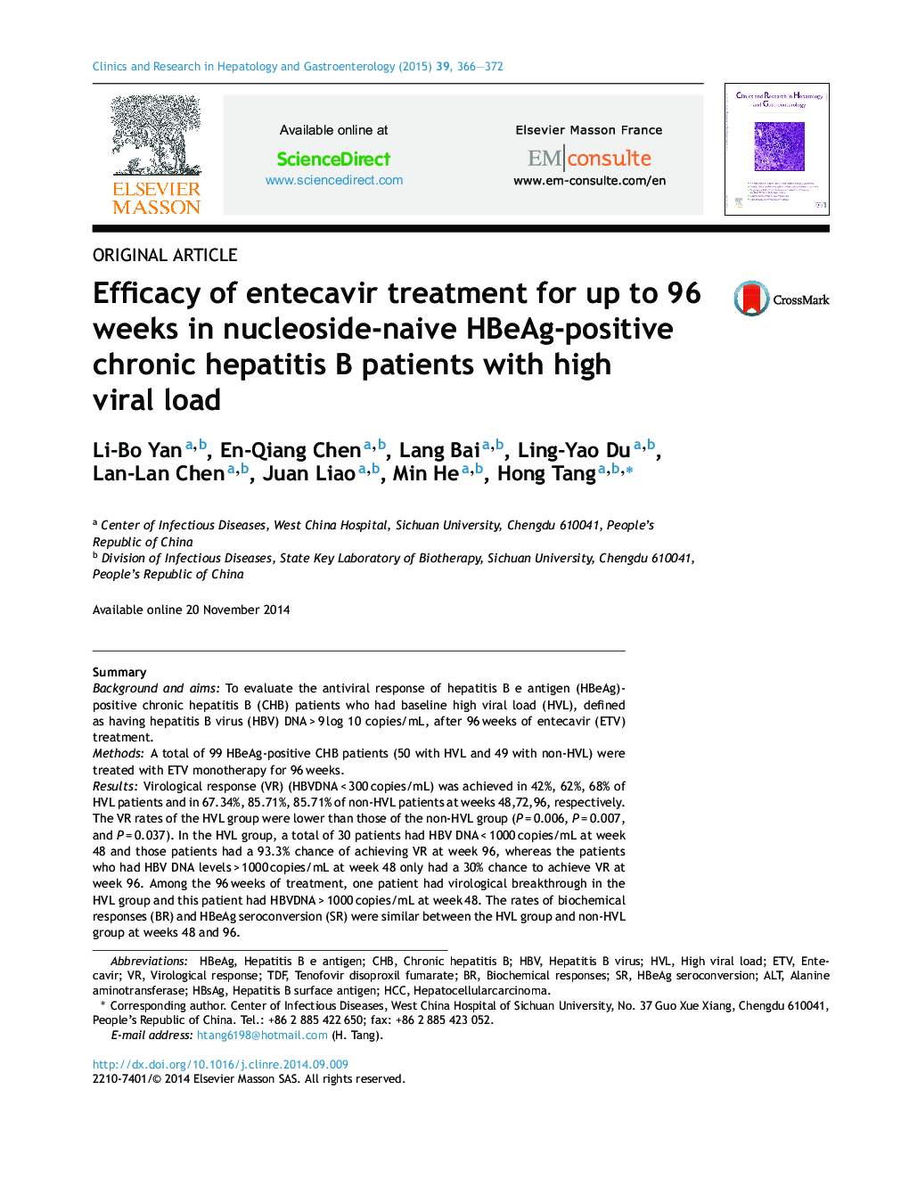 Efficacy of entecavir treatment for up to 96 weeks in nucleoside-naive HBeAg-positive chronic hepatitis B patients with high viral load