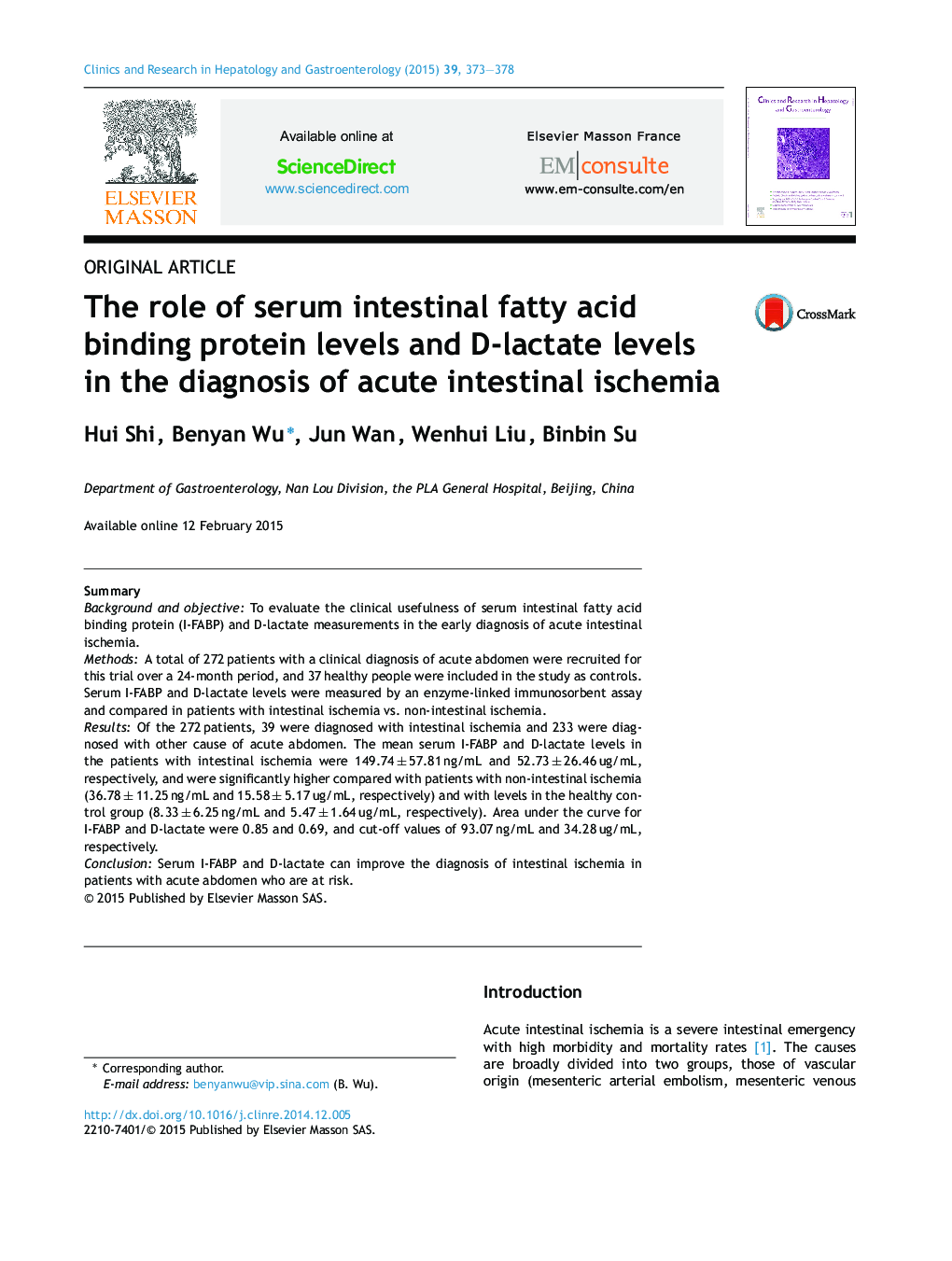 The role of serum intestinal fatty acid binding protein levels and D-lactate levels in the diagnosis of acute intestinal ischemia