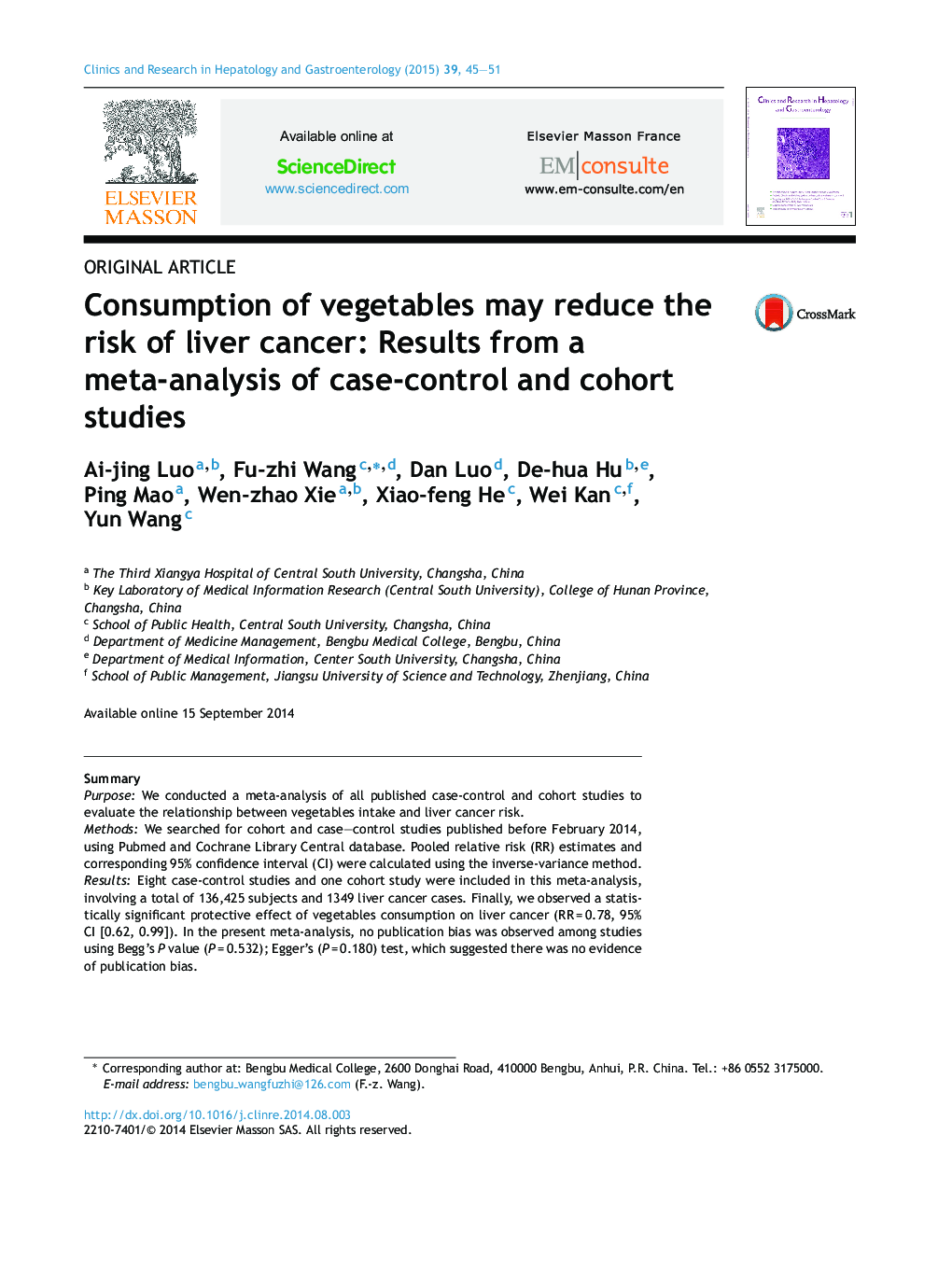 Consumption of vegetables may reduce the risk of liver cancer: Results from a meta-analysis of case-control and cohort studies