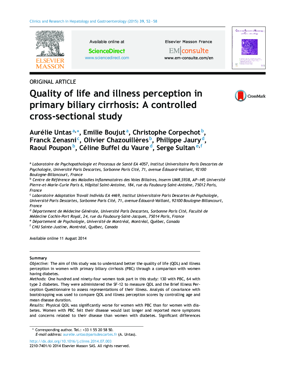 Quality of life and illness perception in primary biliary cirrhosis: A controlled cross-sectional study