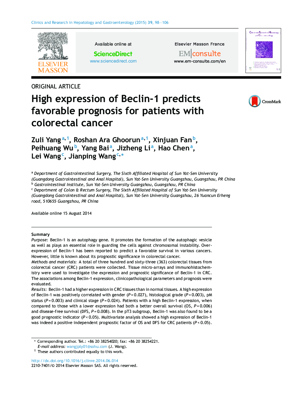 High expression of Beclin-1 predicts favorable prognosis for patients with colorectal cancer