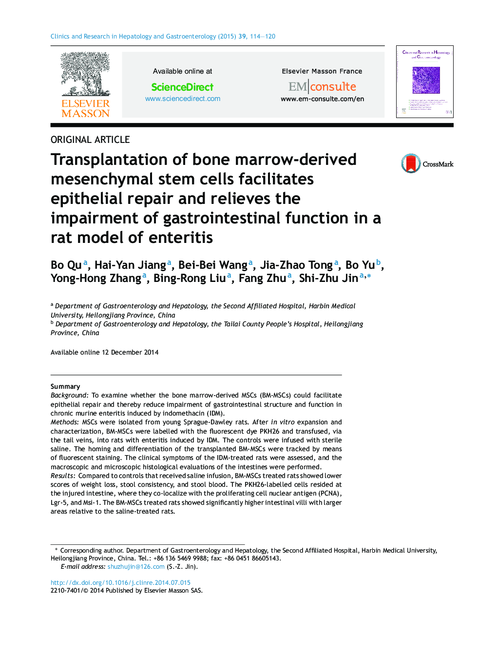 Transplantation of bone marrow-derived mesenchymal stem cells facilitates epithelial repair and relieves the impairment of gastrointestinal function in a rat model of enteritis