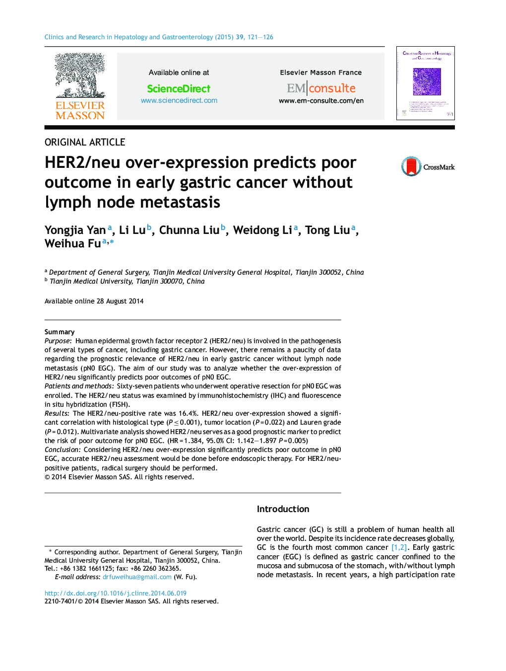 HER2/neu over-expression predicts poor outcome in early gastric cancer without lymph node metastasis