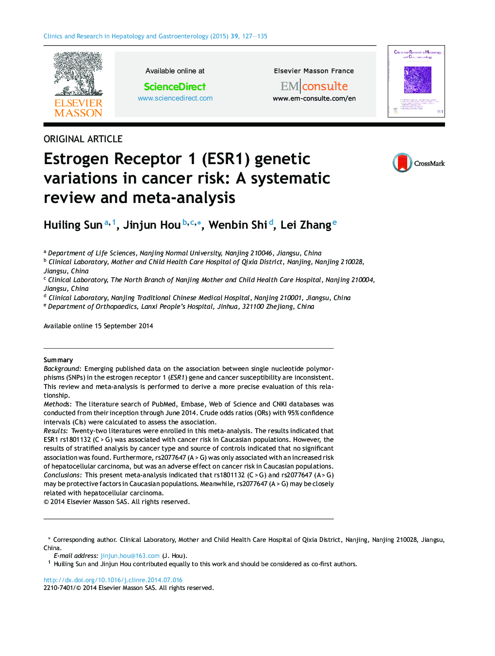 Estrogen Receptor 1 (ESR1) genetic variations in cancer risk: A systematic review and meta-analysis