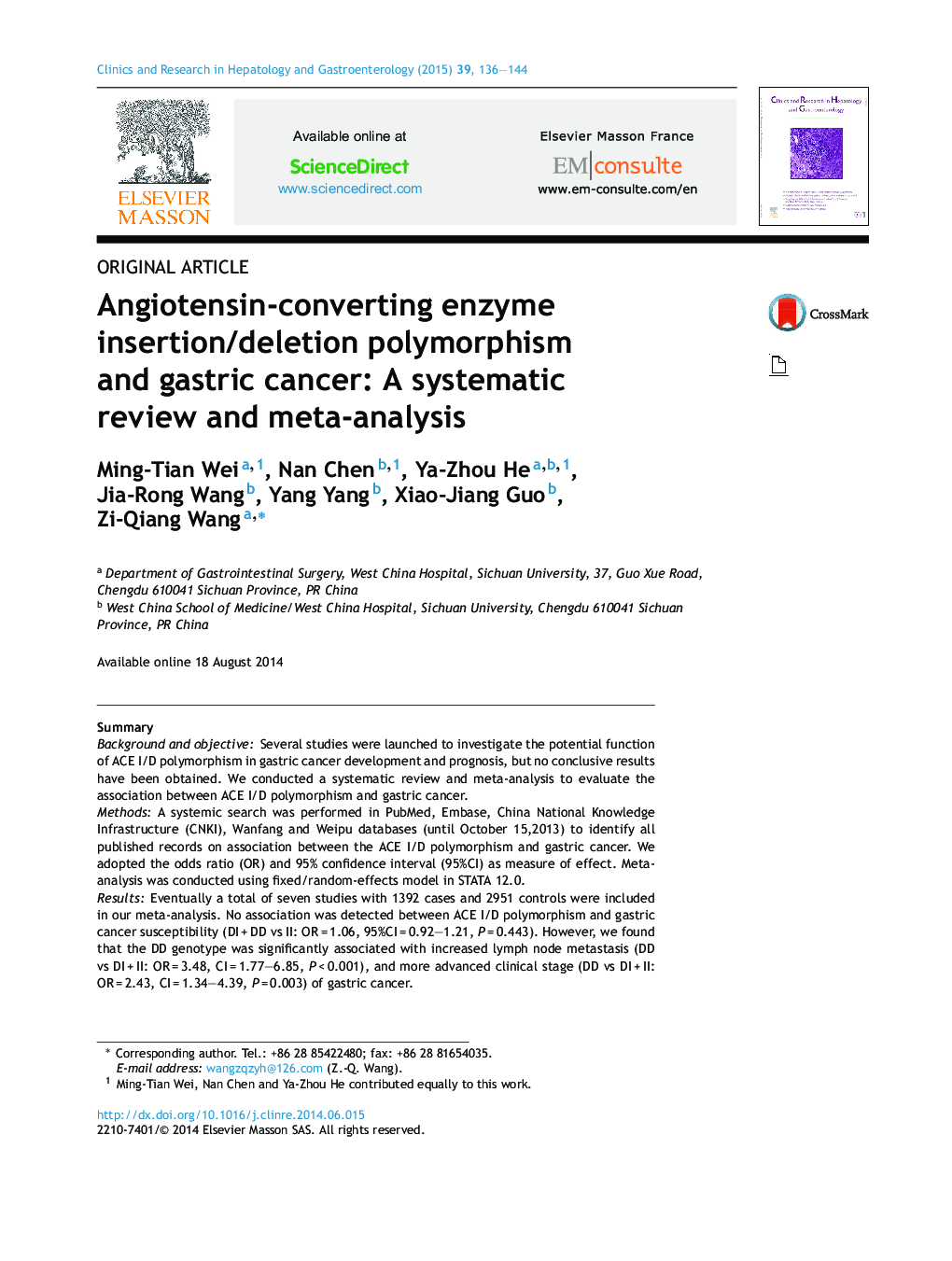 Angiotensin-converting enzyme insertion/deletion polymorphism and gastric cancer: A systematic review and meta-analysis