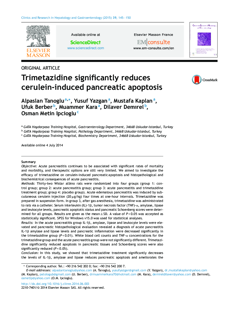 Trimetazidine significantly reduces cerulein-induced pancreatic apoptosis