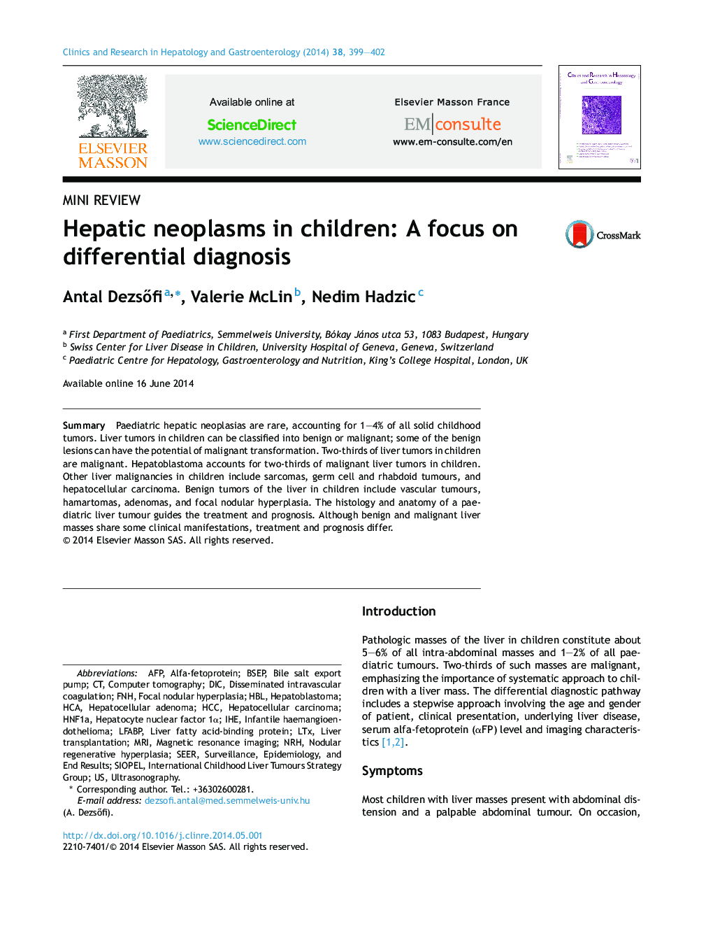 Hepatic neoplasms in children: A focus on differential diagnosis