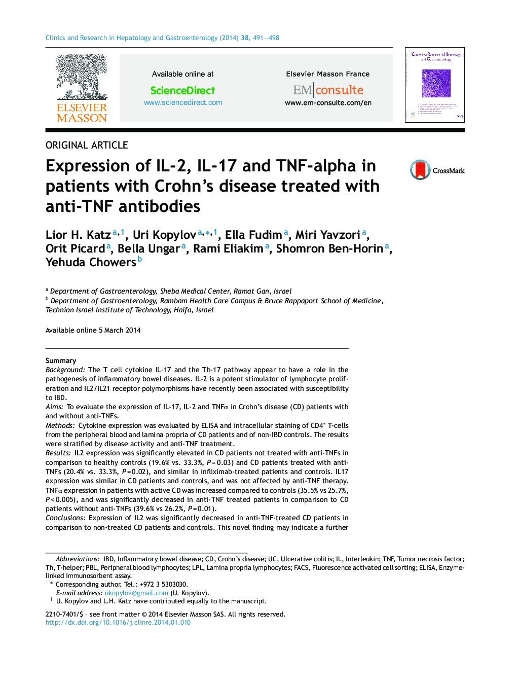 Expression of IL-2, IL-17 and TNF-alpha in patients with Crohn's disease treated with anti-TNF antibodies