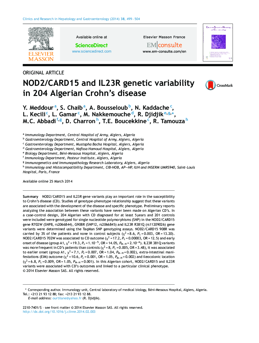 NOD2/CARD15 and IL23R genetic variability in 204 Algerian Crohn's disease