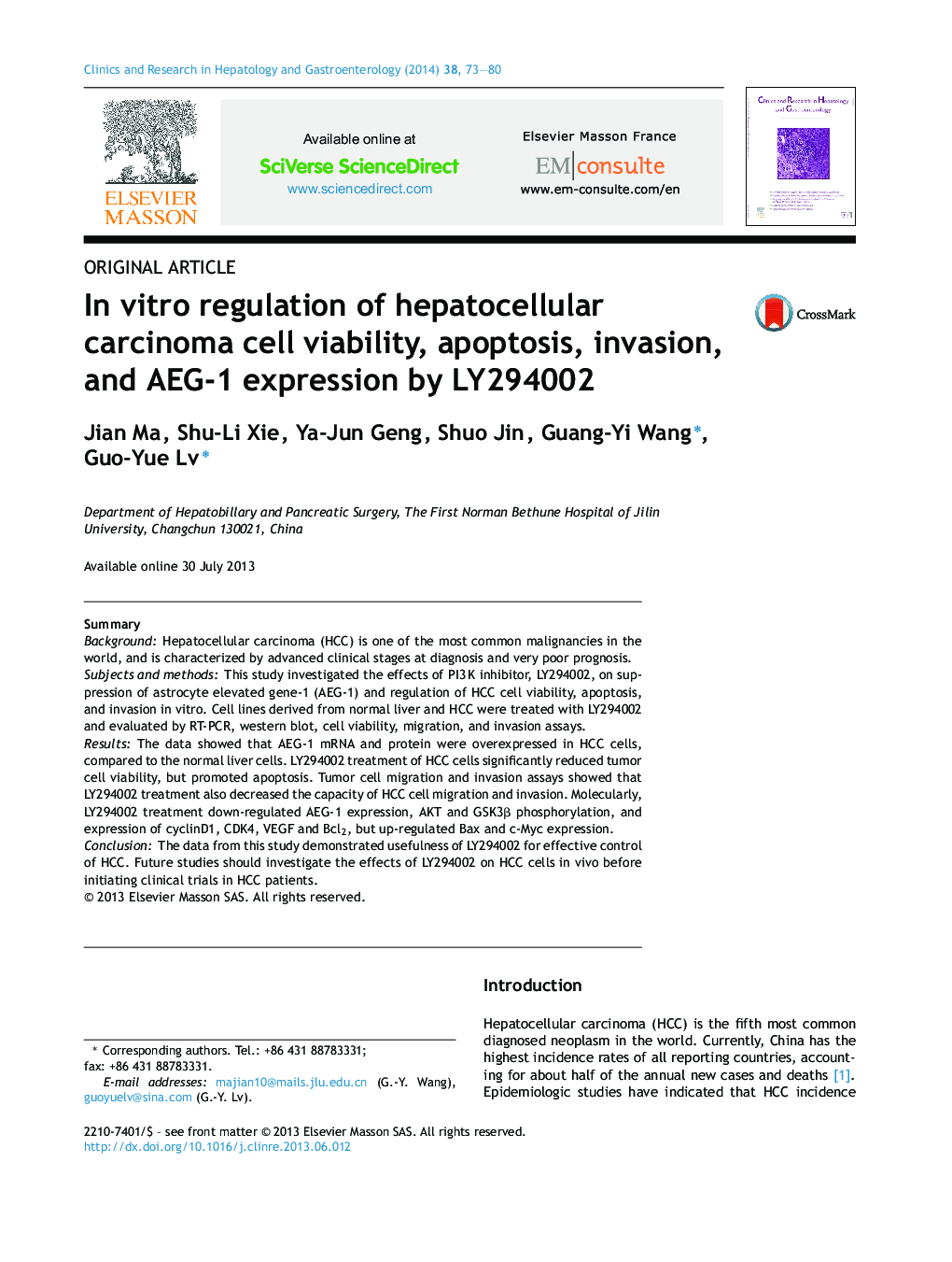 In vitro regulation of hepatocellular carcinoma cell viability, apoptosis, invasion, and AEG-1 expression by LY294002