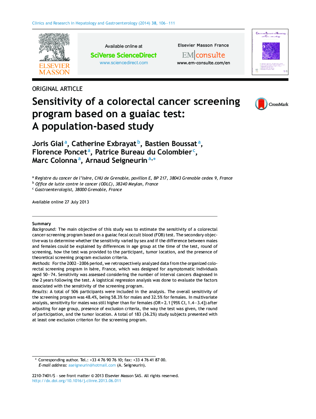 Sensitivity of a colorectal cancer screening program based on a guaiac test: A population-based study