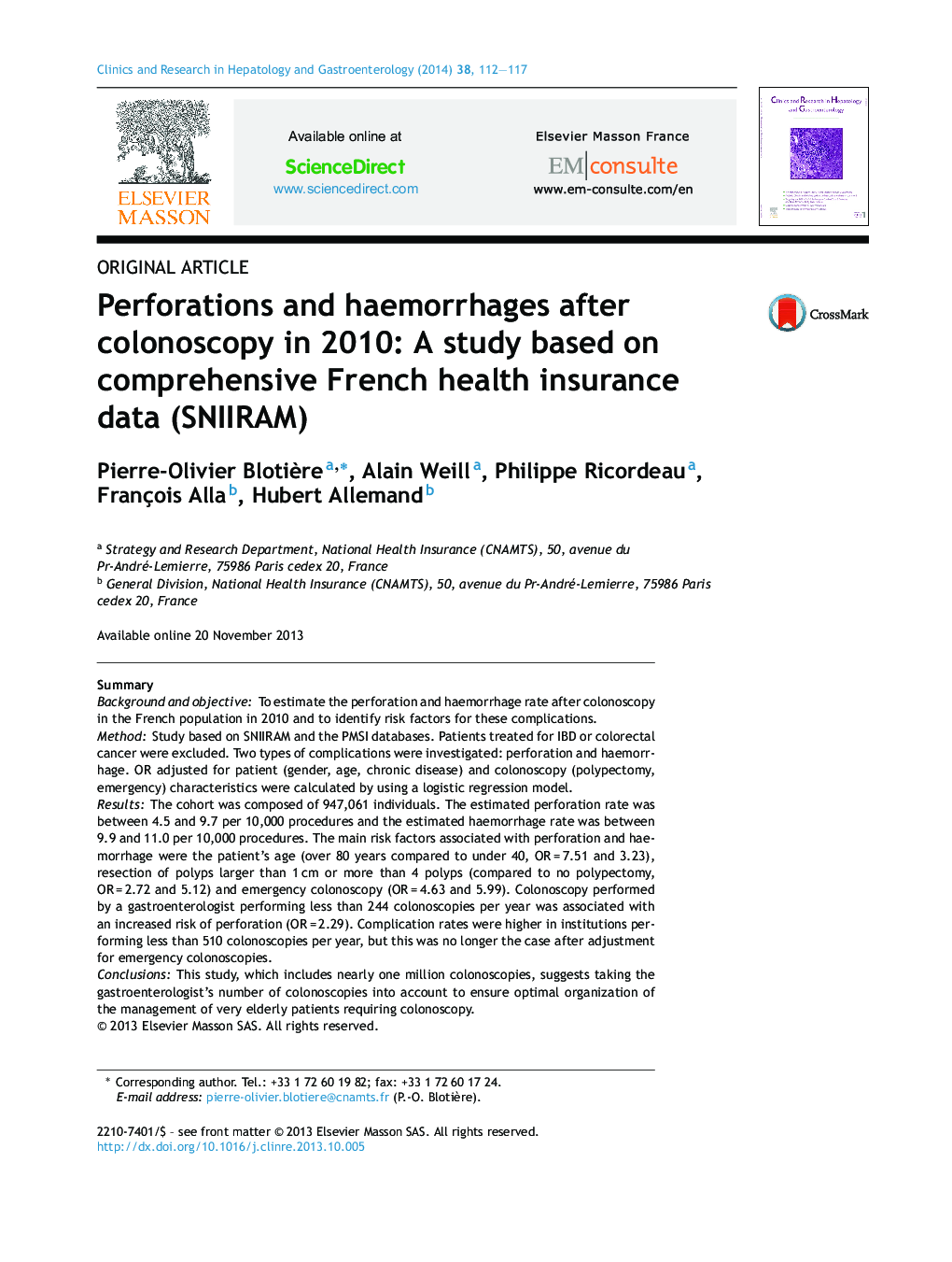 Perforations and haemorrhages after colonoscopy in 2010: A study based on comprehensive French health insurance data (SNIIRAM)