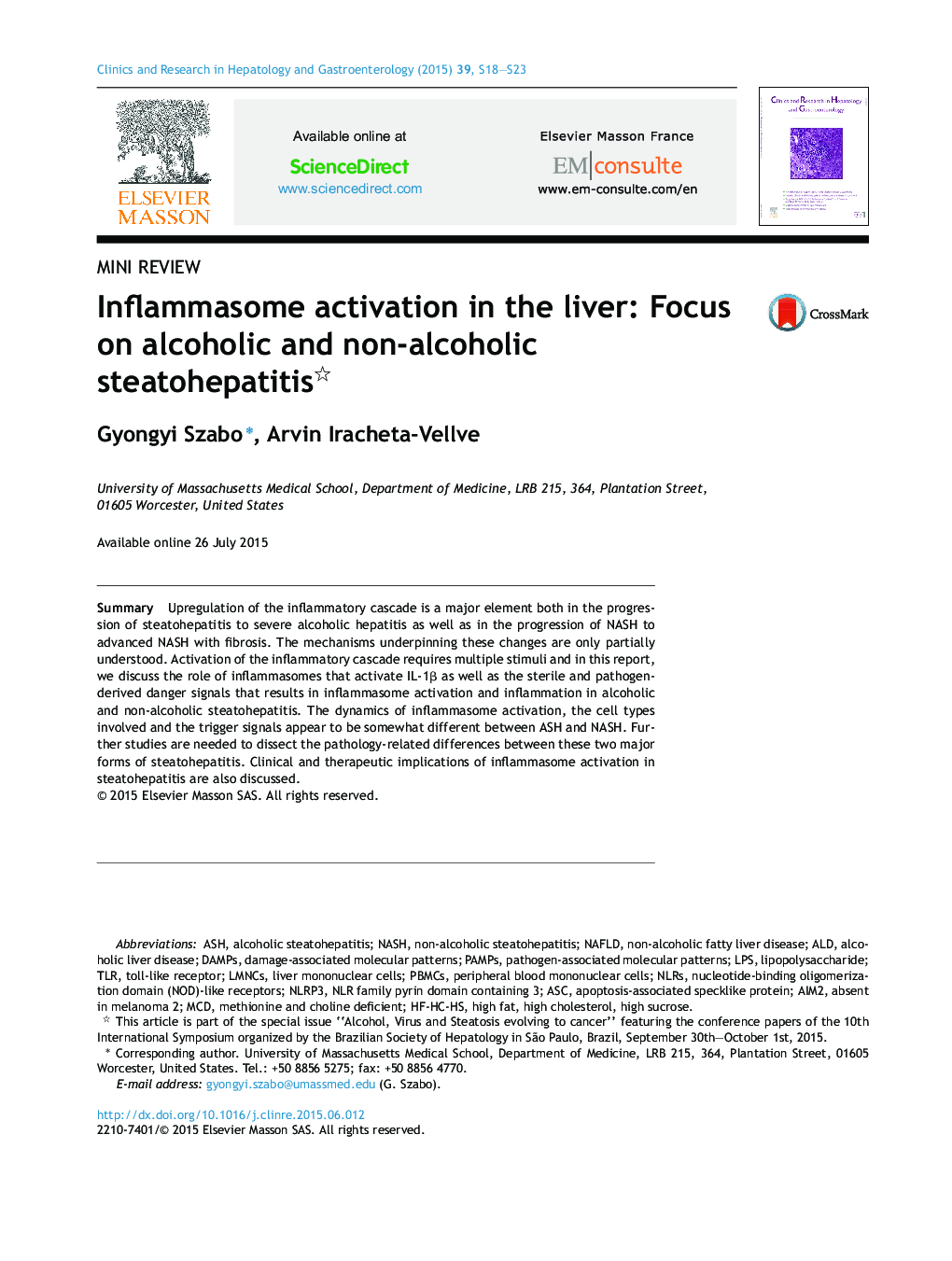 Inflammasome activation in the liver: Focus on alcoholic and non-alcoholic steatohepatitis 