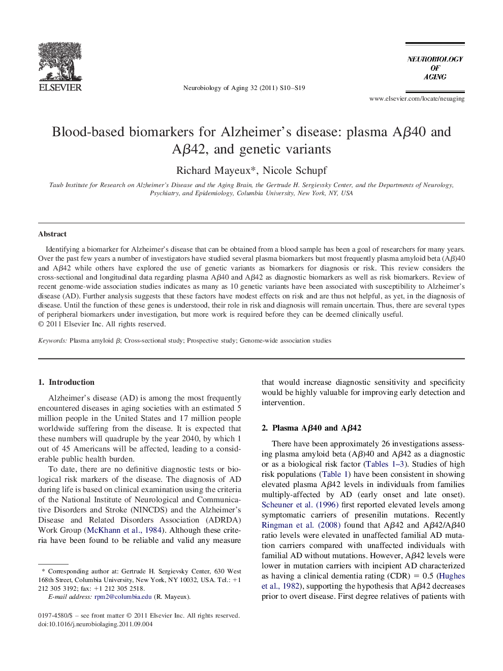 Blood-based biomarkers for Alzheimer's disease: plasma Aβ40 and Aβ42, and genetic variants