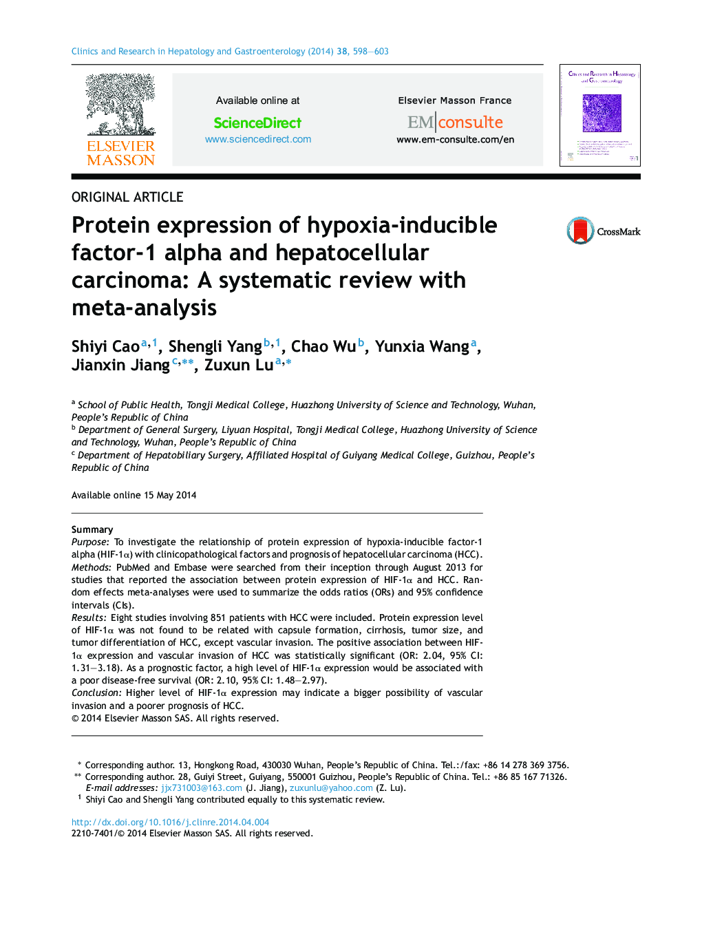 Protein expression of hypoxia-inducible factor-1 alpha and hepatocellular carcinoma: A systematic review with meta-analysis