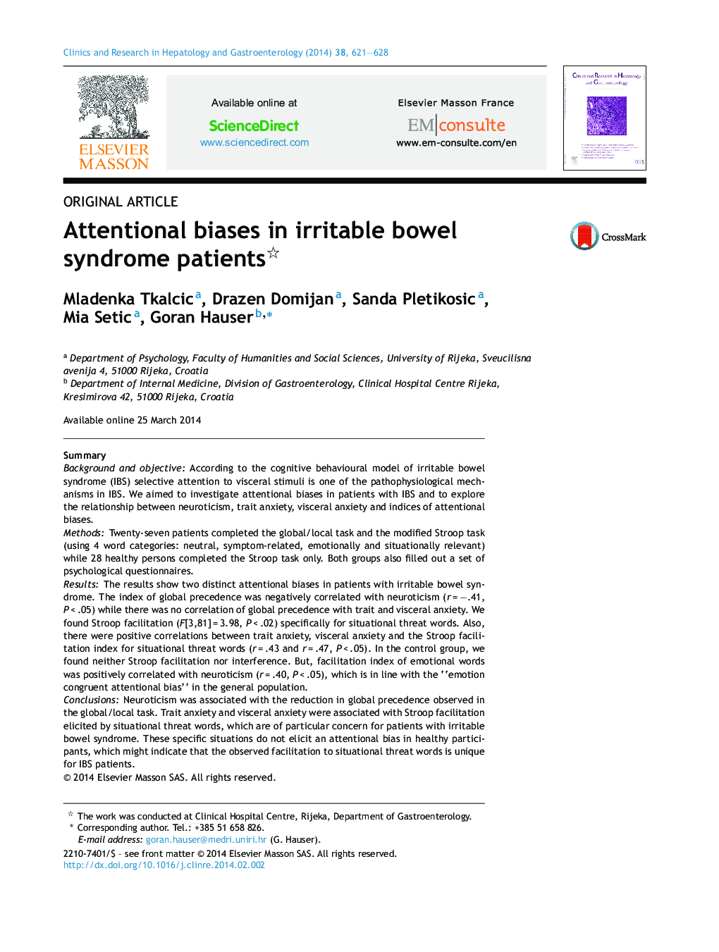 Attentional biases in irritable bowel syndrome patients 