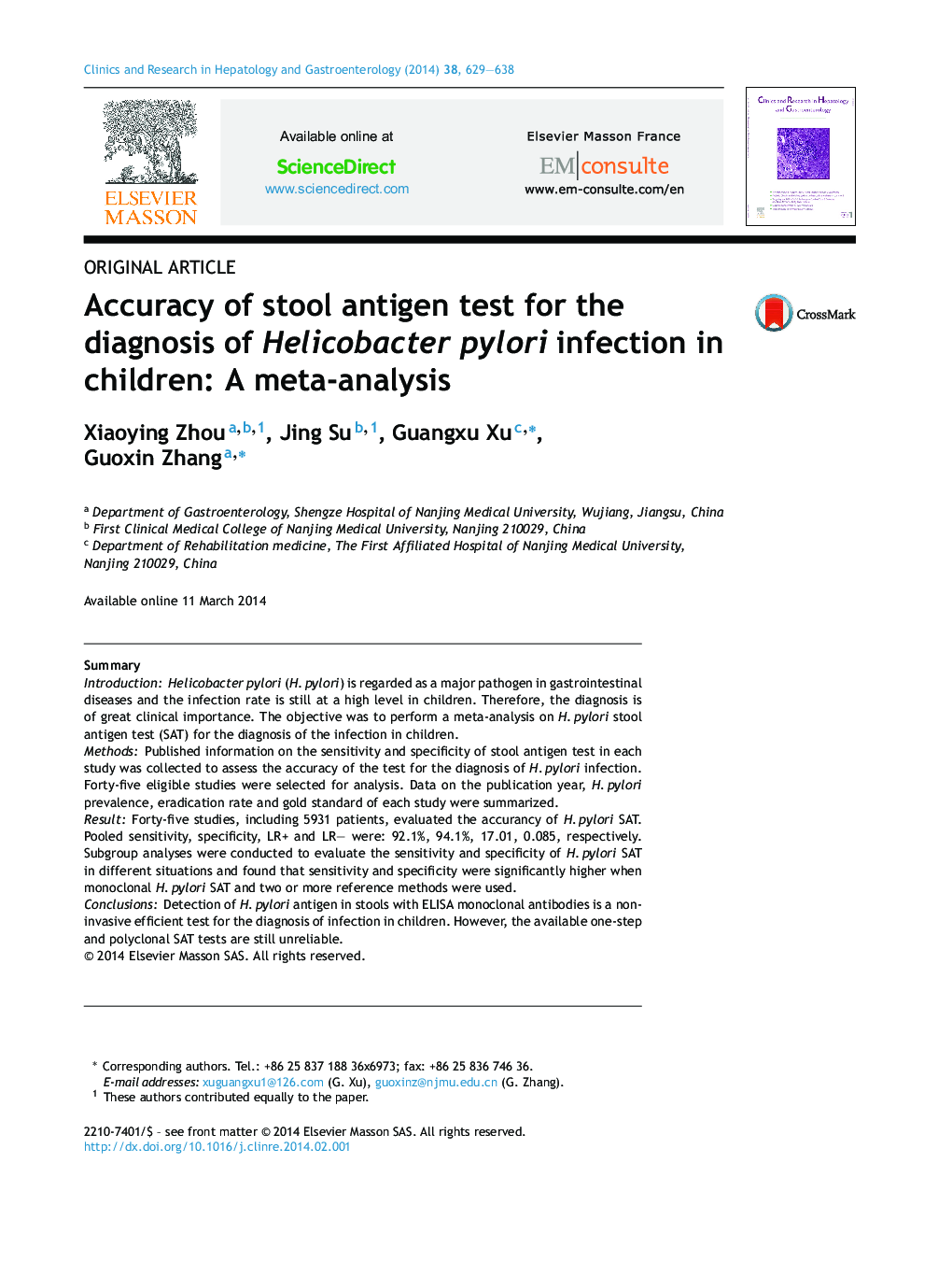 Accuracy of stool antigen test for the diagnosis of Helicobacter pylori infection in children: A meta-analysis