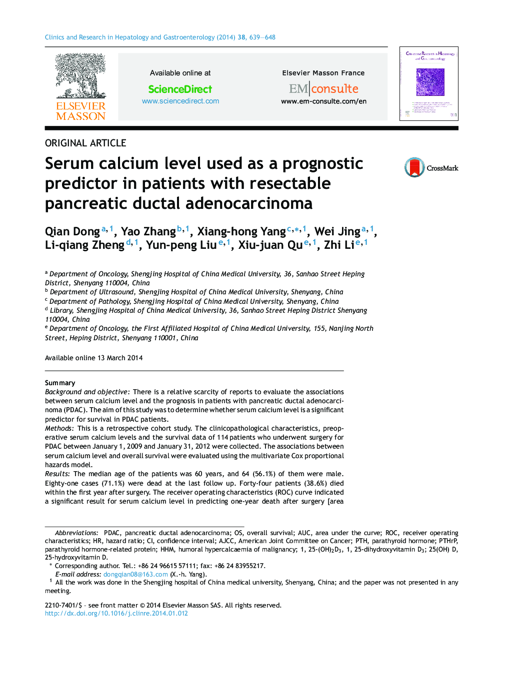 Serum calcium level used as a prognostic predictor in patients with resectable pancreatic ductal adenocarcinoma