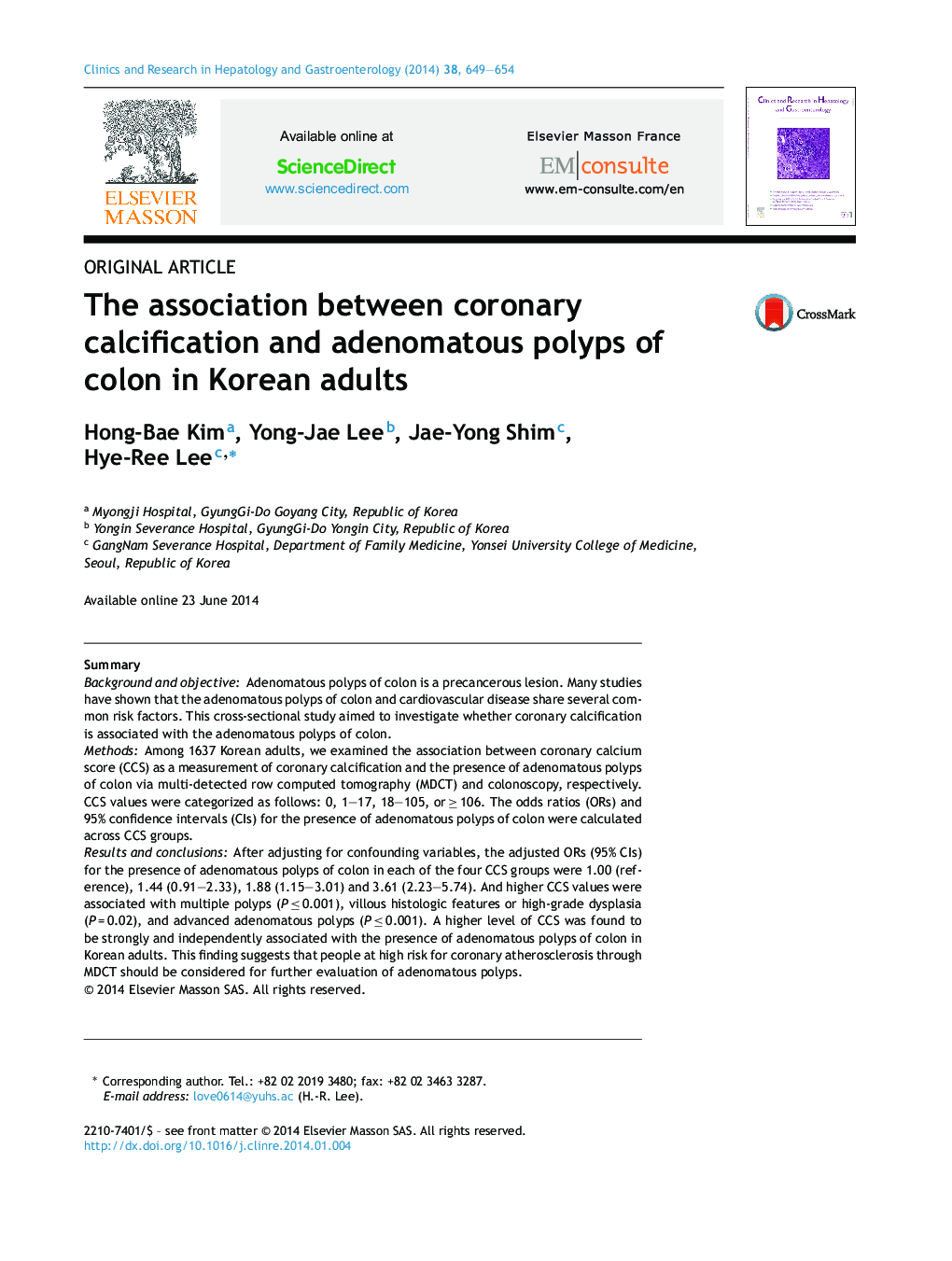 The association between coronary calcification and adenomatous polyps of colon in Korean adults