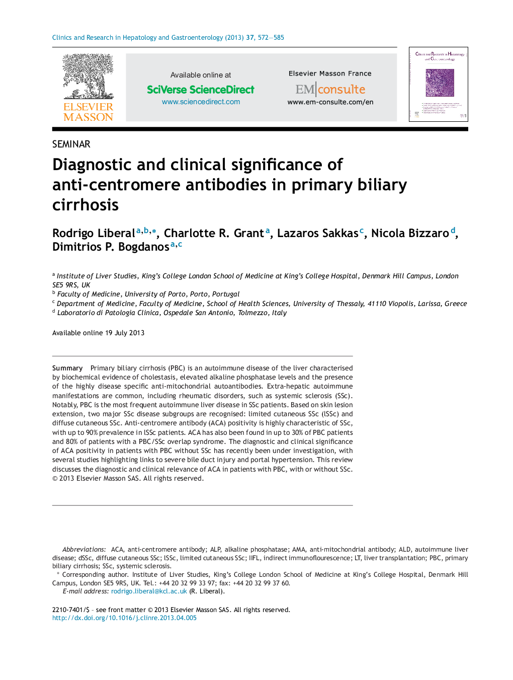 Diagnostic and clinical significance of anti-centromere antibodies in primary biliary cirrhosis