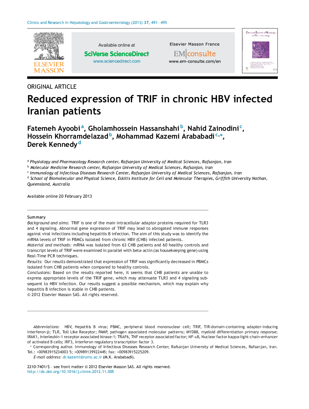 Reduced expression of TRIF in chronic HBV infected Iranian patients