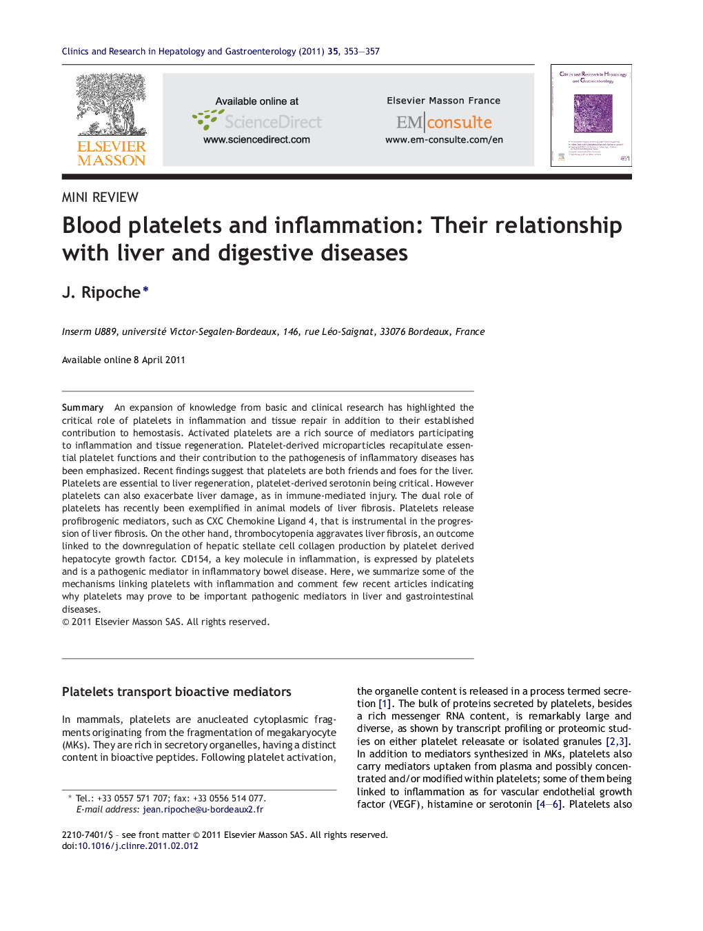 Blood platelets and inflammation: Their relationship with liver and digestive diseases