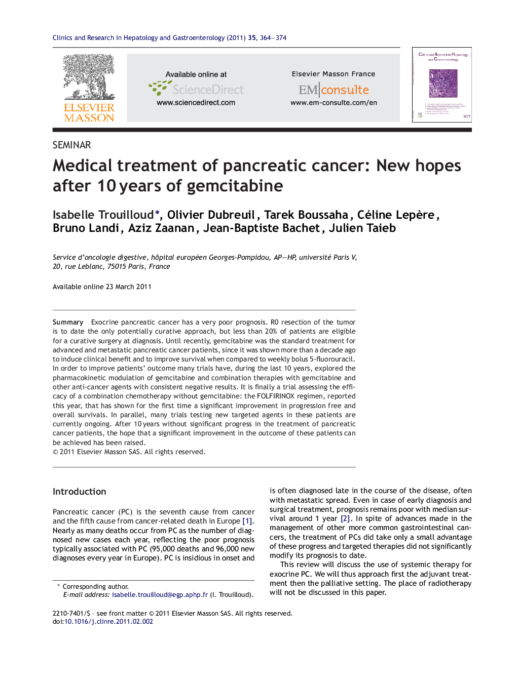 Medical treatment of pancreatic cancer: New hopes after 10Â years of gemcitabine