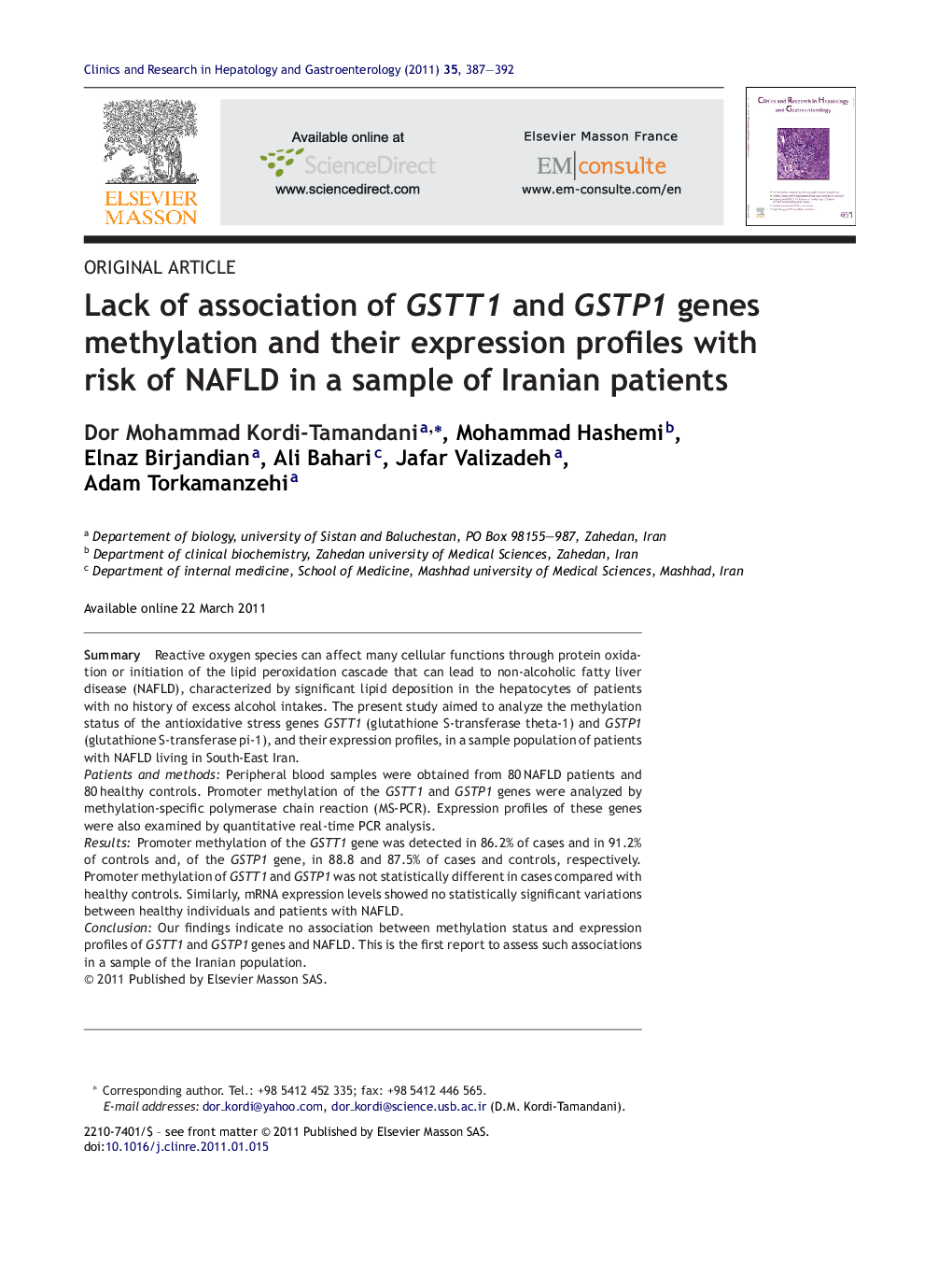 Lack of association of GSTT1 and GSTP1 genes methylation and their expression profiles with risk of NAFLD in a sample of Iranian patients