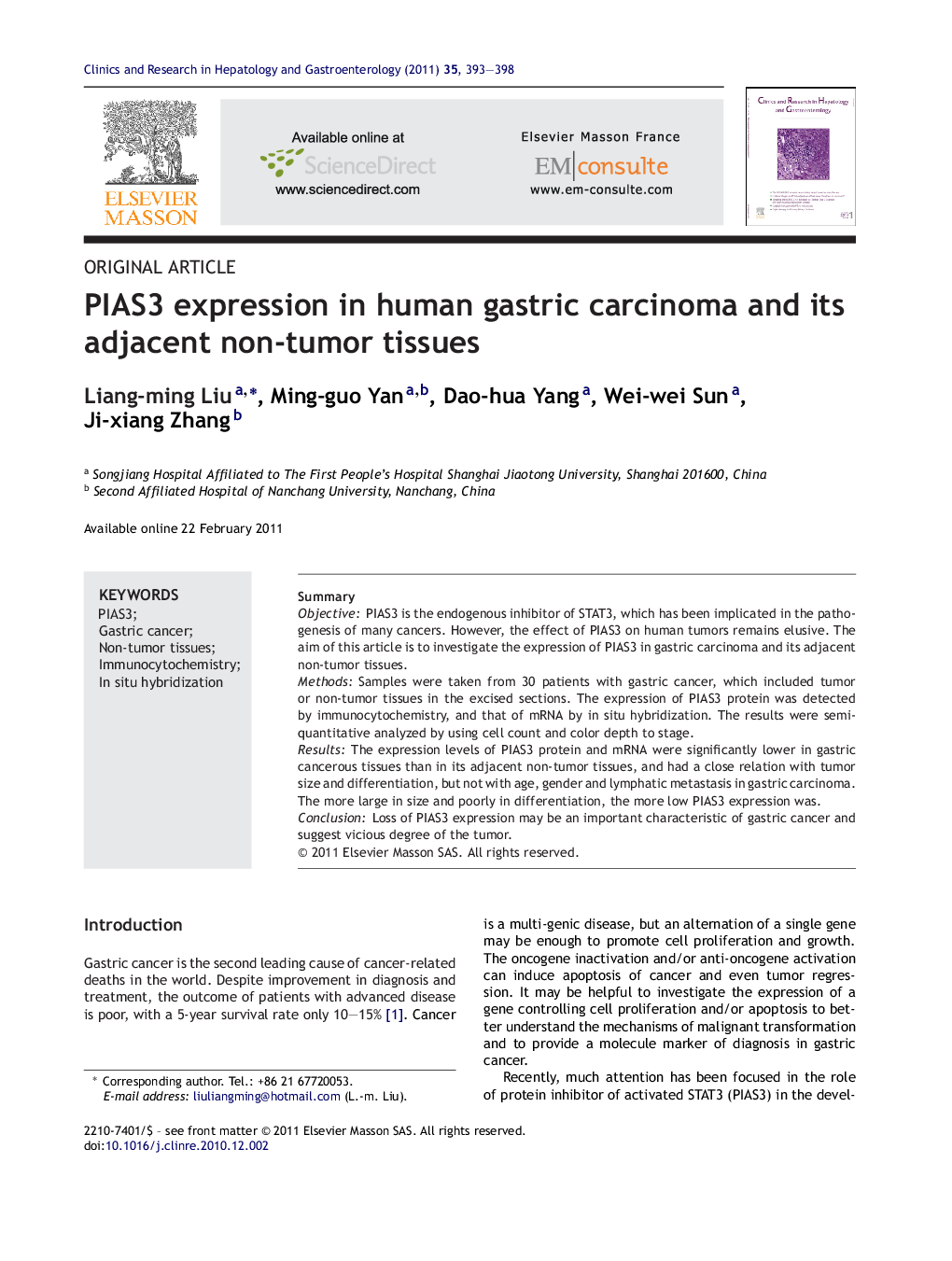 PIAS3 expression in human gastric carcinoma and its adjacent non-tumor tissues