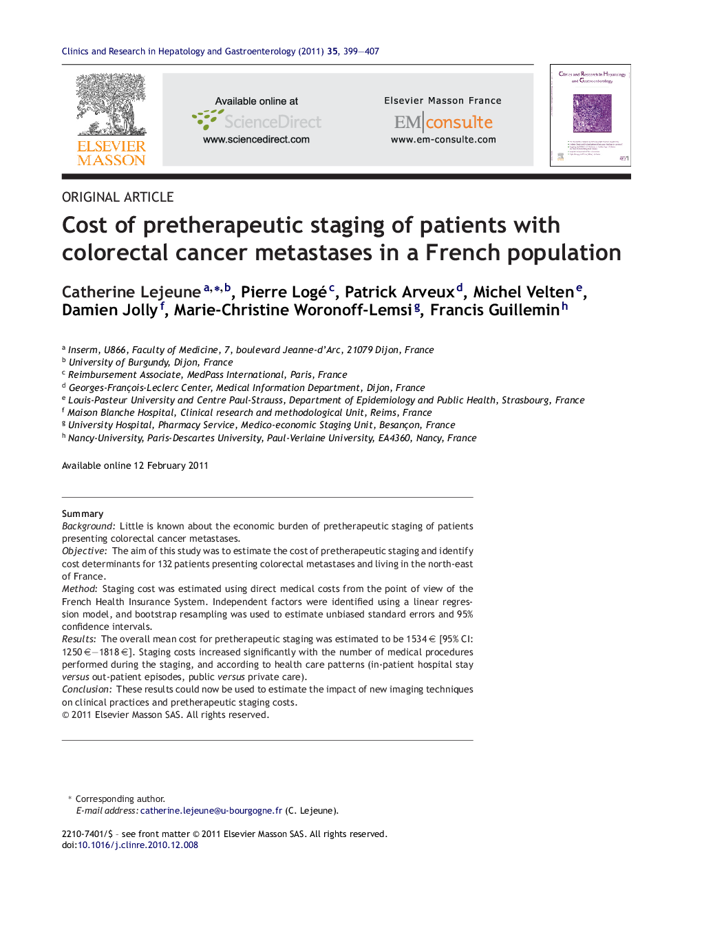 Cost of pretherapeutic staging of patients with colorectal cancer metastases in a French population