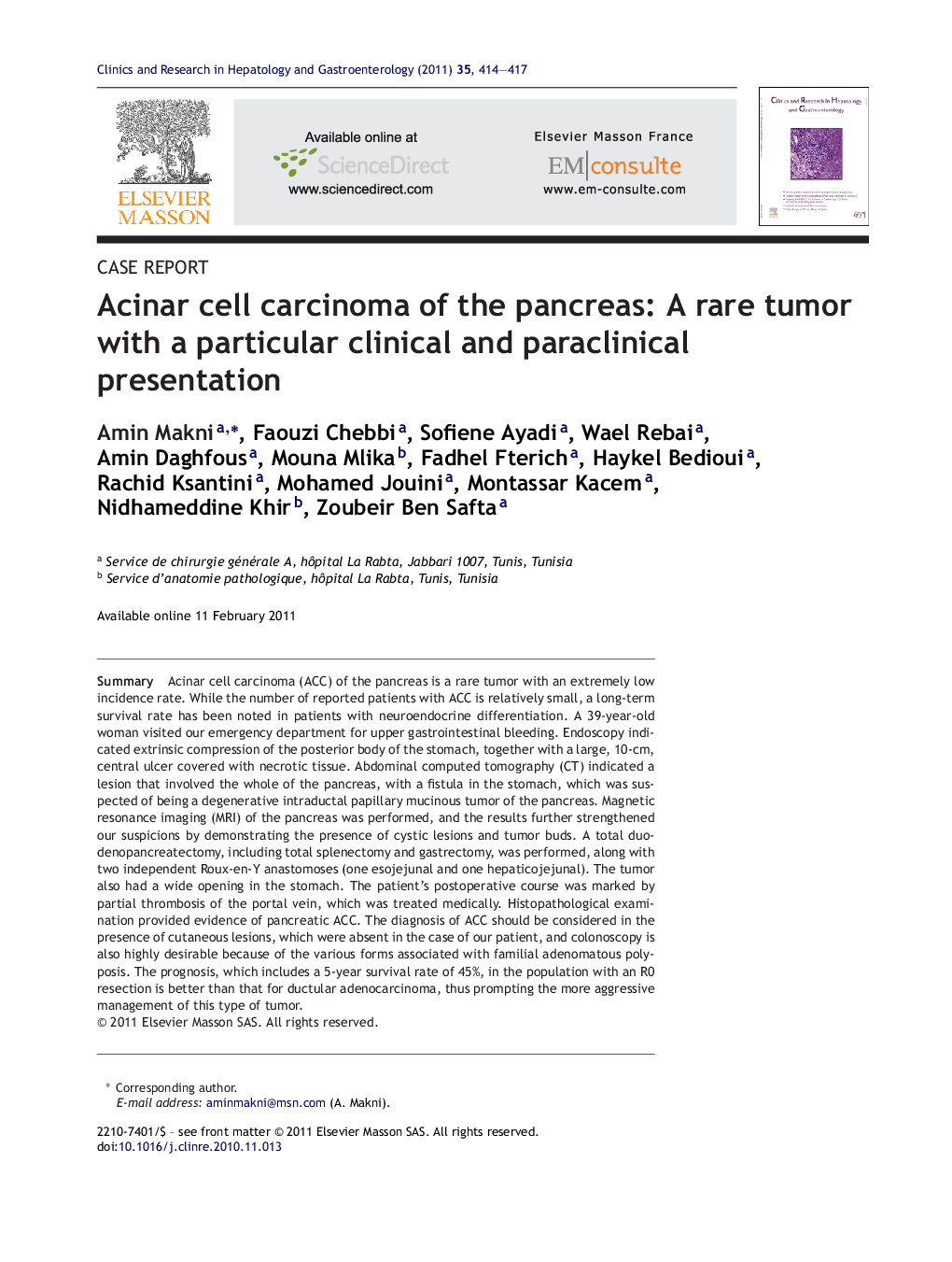 Acinar cell carcinoma of the pancreas: A rare tumor with a particular clinical and paraclinical presentation