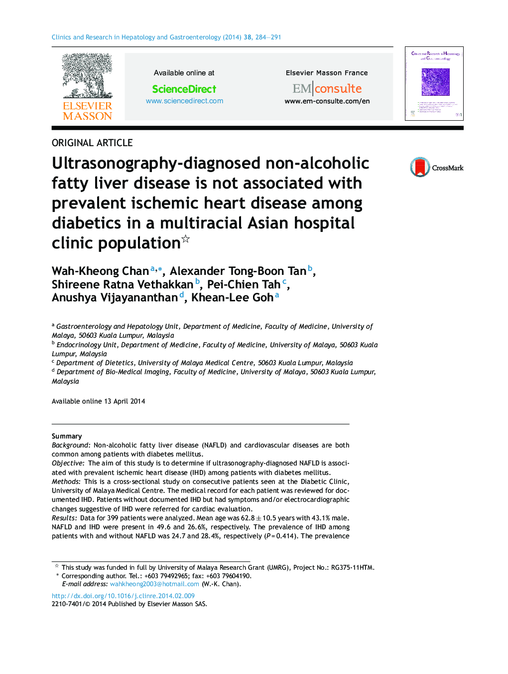 Ultrasonography-diagnosed non-alcoholic fatty liver disease is not associated with prevalent ischemic heart disease among diabetics in a multiracial Asian hospital clinic population 