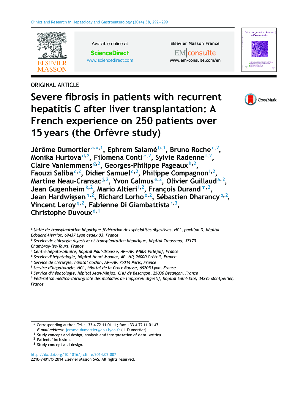 Severe fibrosis in patients with recurrent hepatitis C after liver transplantation: A French experience on 250 patients over 15 years (the Orfèvre study)