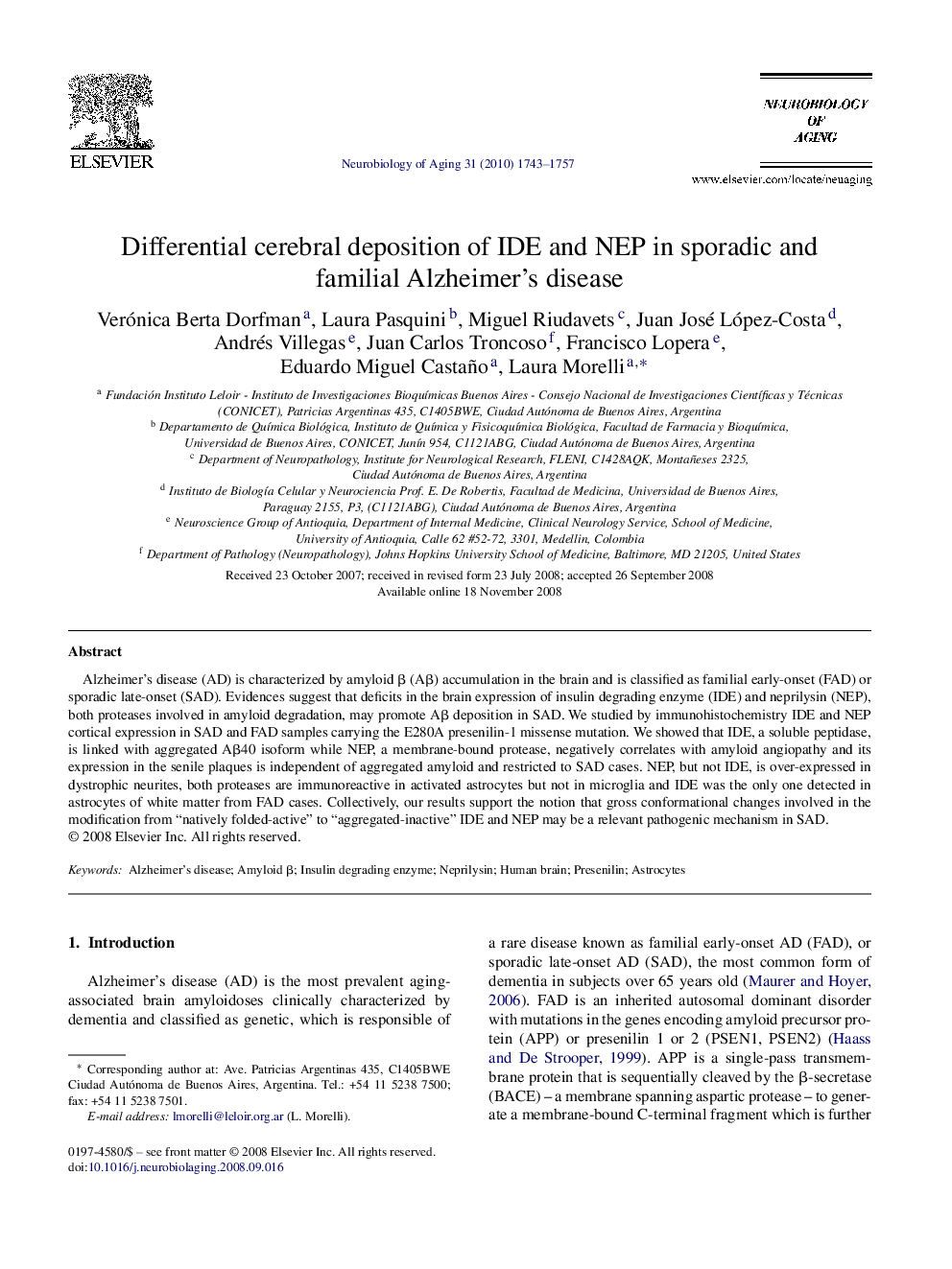 Differential cerebral deposition of IDE and NEP in sporadic and familial Alzheimer's disease