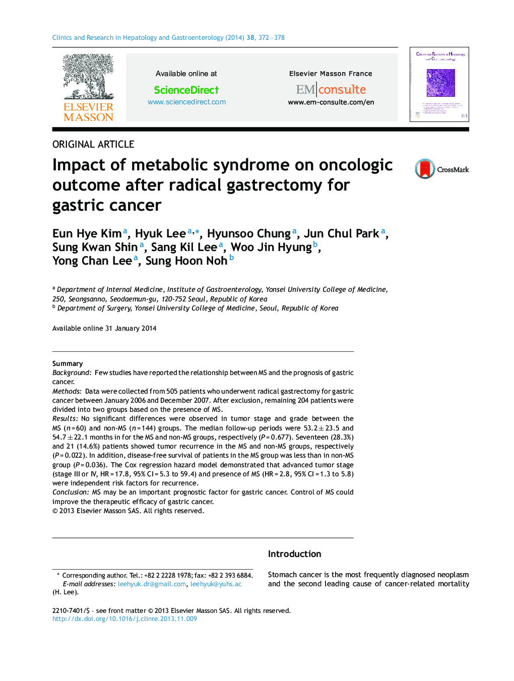 Impact of metabolic syndrome on oncologic outcome after radical gastrectomy for gastric cancer