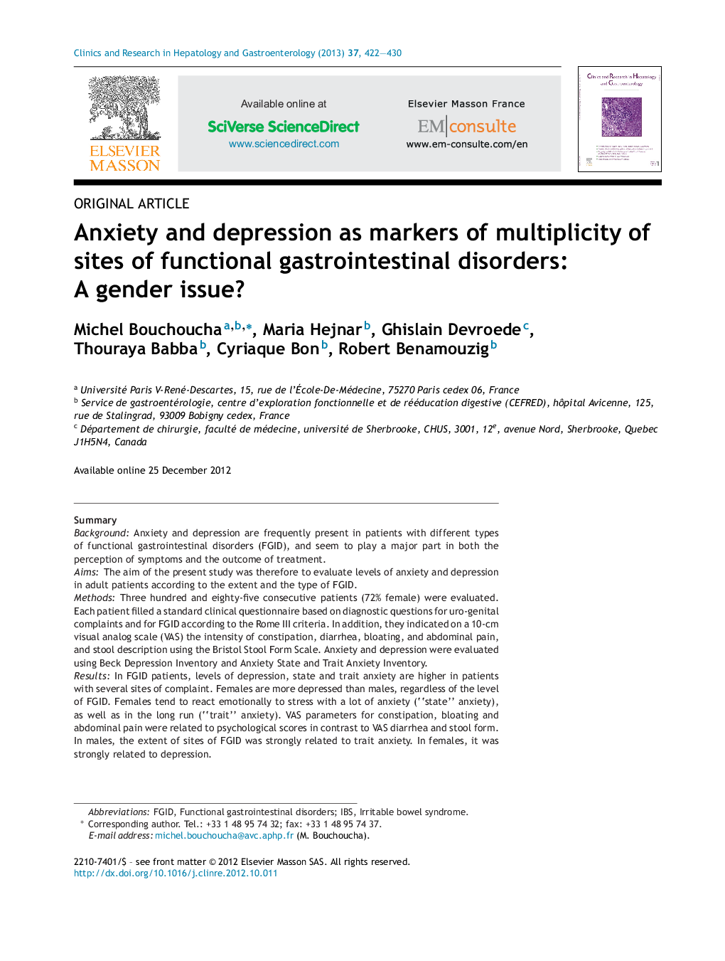 Anxiety and depression as markers of multiplicity of sites of functional gastrointestinal disorders: A gender issue?