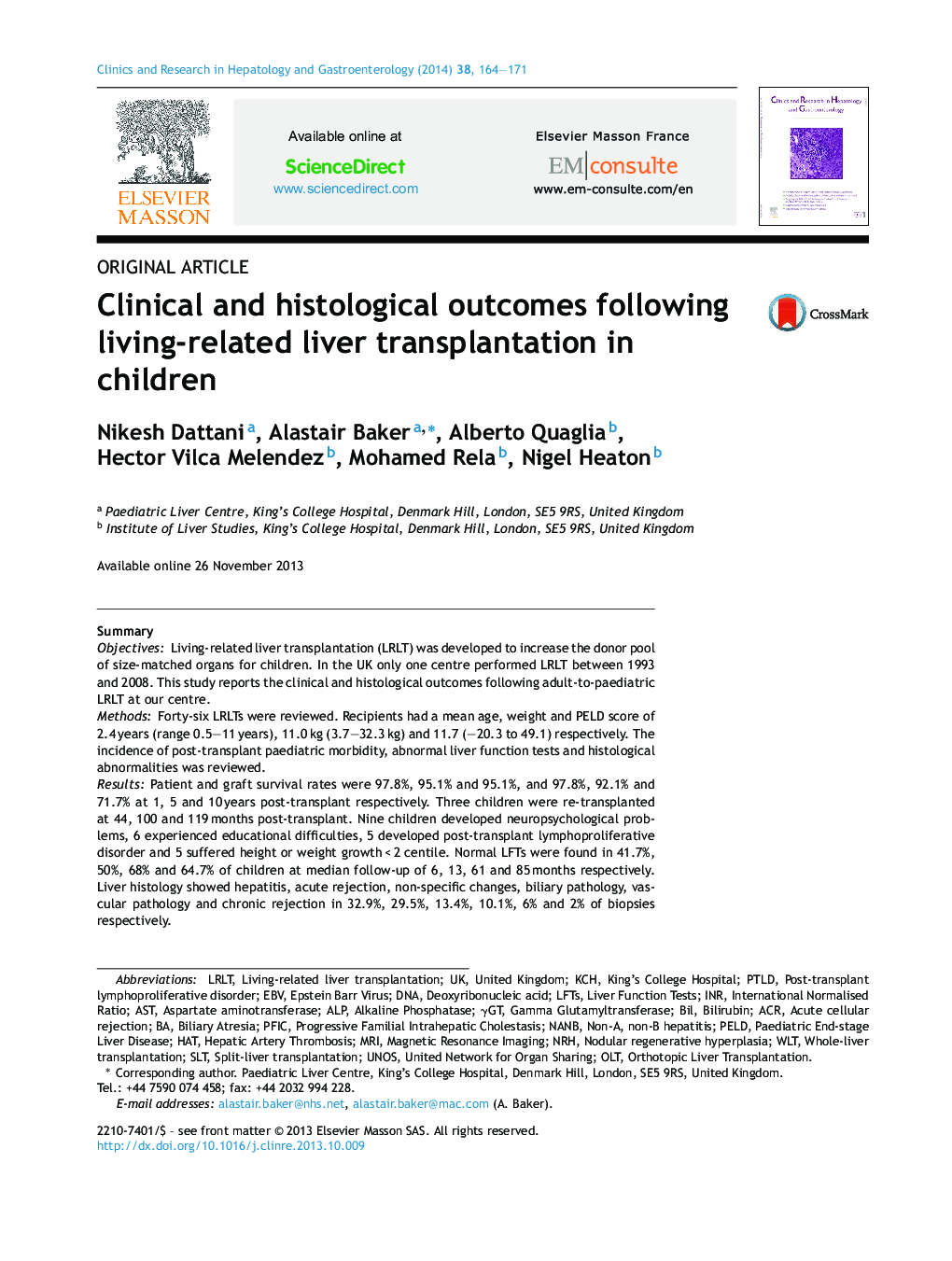 Clinical and histological outcomes following living-related liver transplantation in children