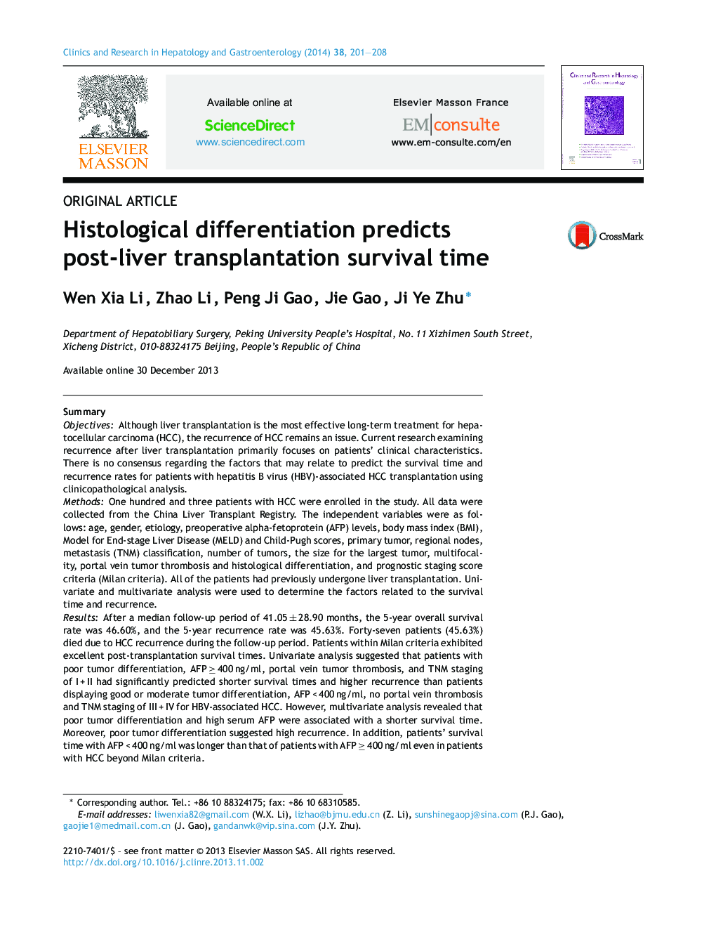 Histological differentiation predicts post-liver transplantation survival time