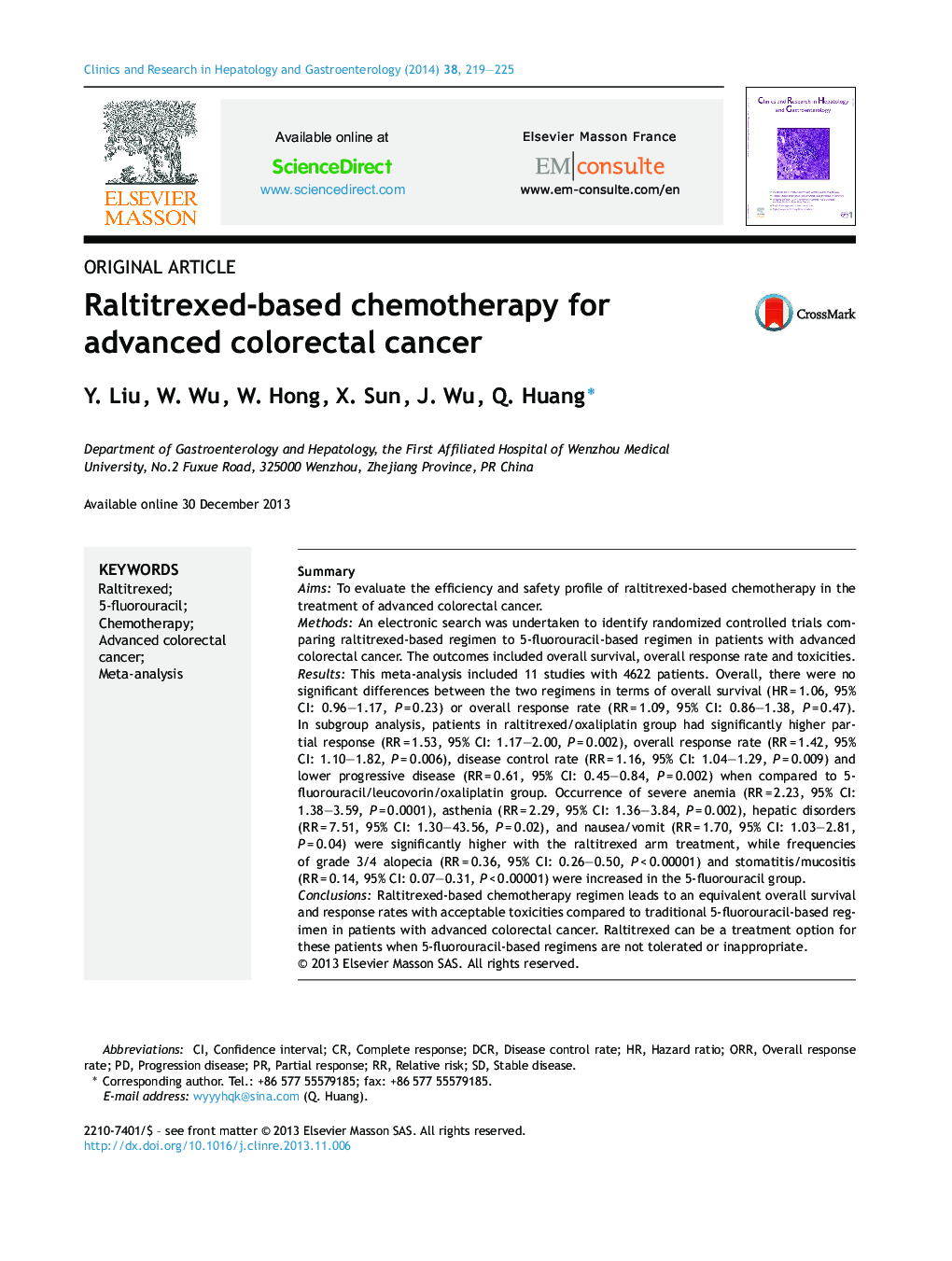 Raltitrexed-based chemotherapy for advanced colorectal cancer