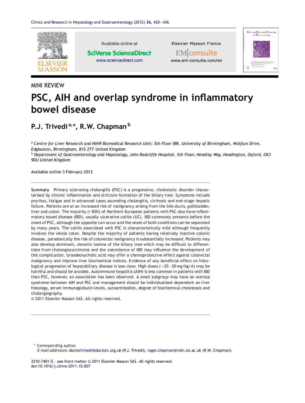 PSC, AIH and overlap syndrome in inflammatory bowel disease