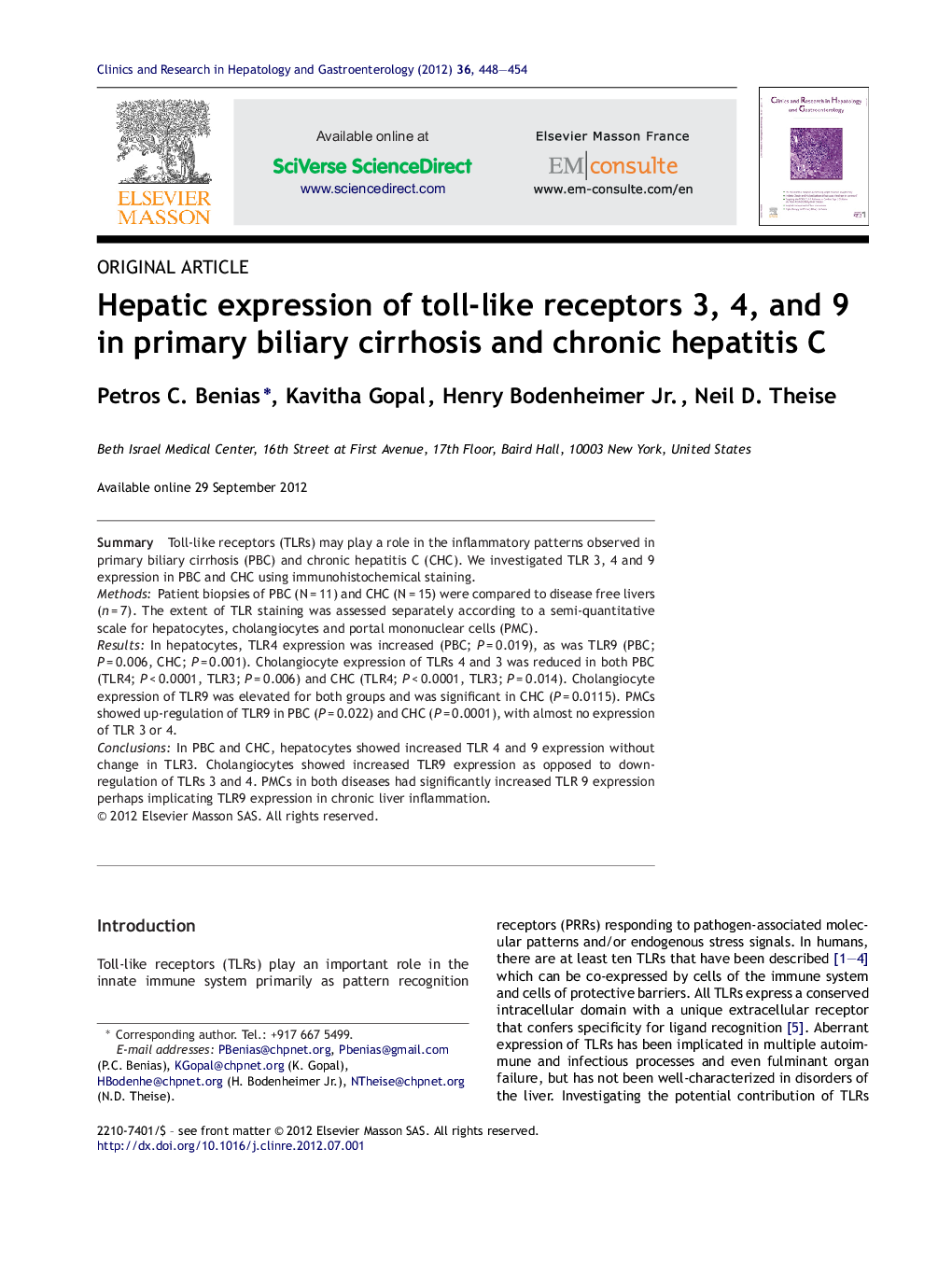 Hepatic expression of toll-like receptors 3, 4, and 9 in primary biliary cirrhosis and chronic hepatitis C