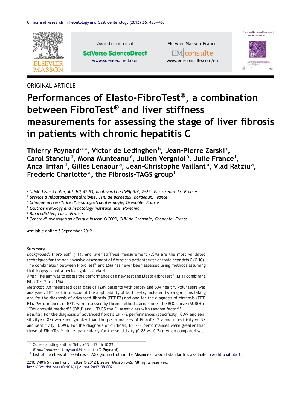 Performances of Elasto-FibroTest®, a combination between FibroTest® and liver stiffness measurements for assessing the stage of liver fibrosis in patients with chronic hepatitis C